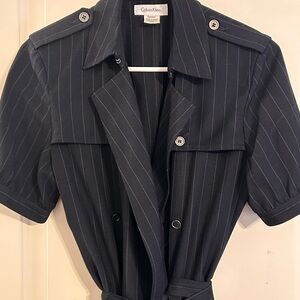 Calvin Klein Navy Pinstripe Belted Shirt Dress
